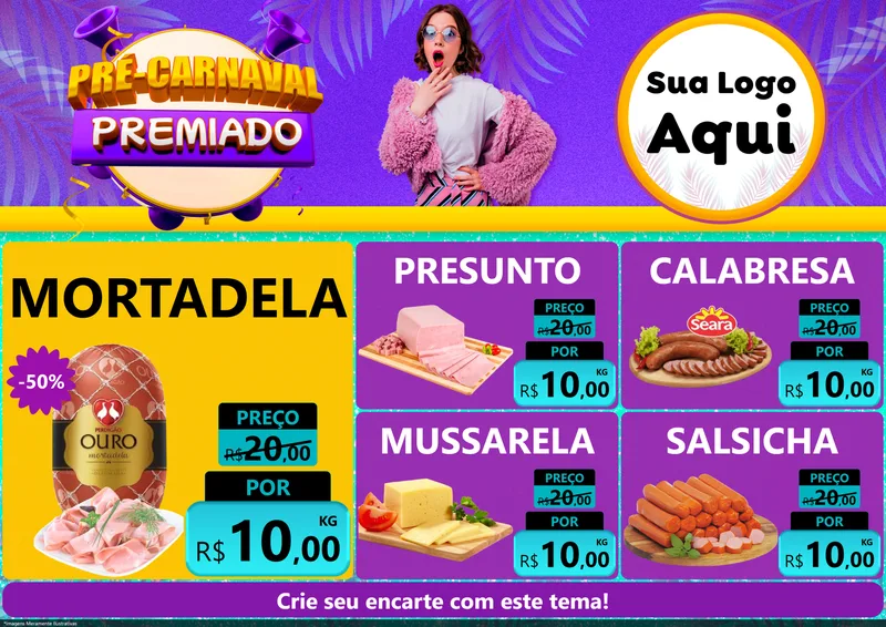 Modelo de Encarte para Encarte A4 Horizontal com o tema Pré-Carnaval Premiado para Frios e Laticínios