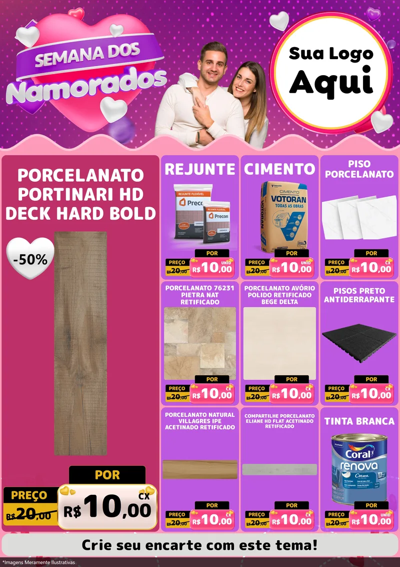 Modelo de Encarte para Encarte A4 Vertical com o tema Semana dos Namorados para Pisos e revestimentos