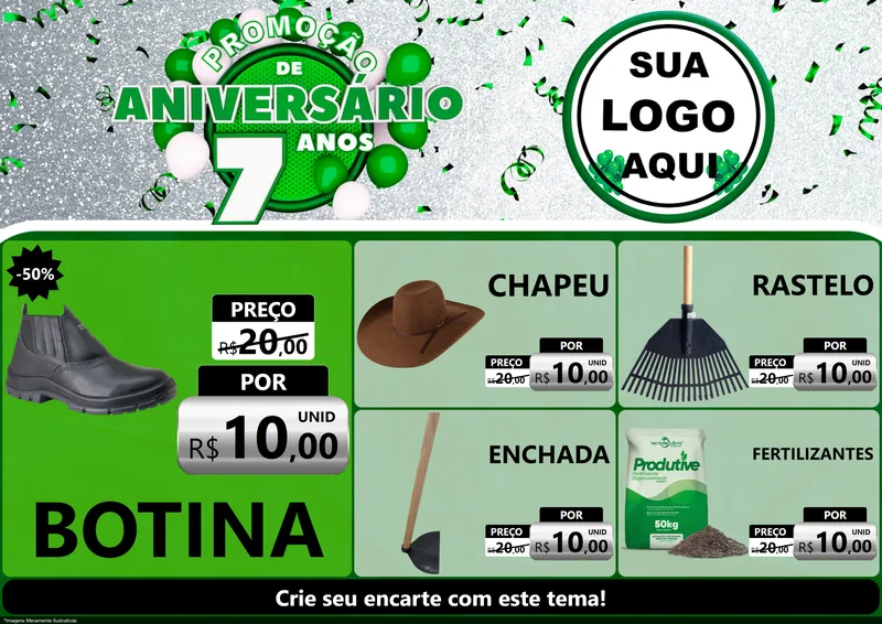 Modelo de Encarte para Encarte A4 Horizontal com o tema Promoção de Aniversário - 7 Anos para Agropecuária