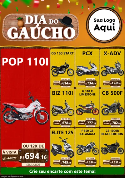 Modelo de Encarte para Encarte A4 Vertical com o tema Dia do Gaúcho para Concessionaria de Motos