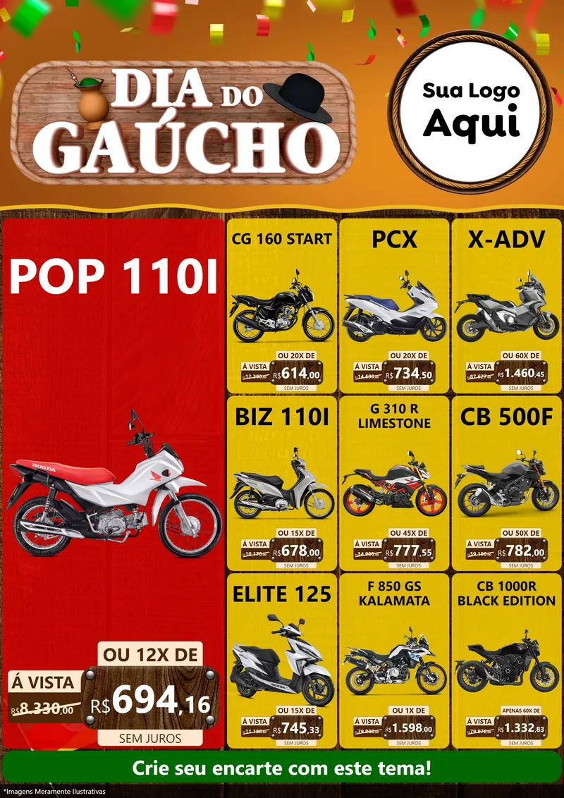 Modelo de Encarte para Encarte A4 Vertical com o tema Dia do Gaúcho para Concessionaria de Motos