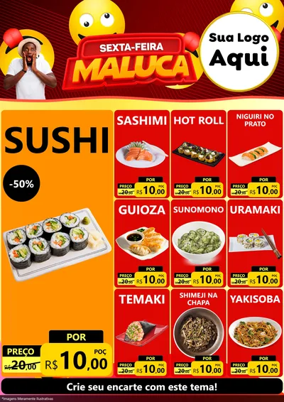 Modelo de Encarte para Encarte A4 Vertical com o tema Sexta-feira Maluca para Comida japonesa