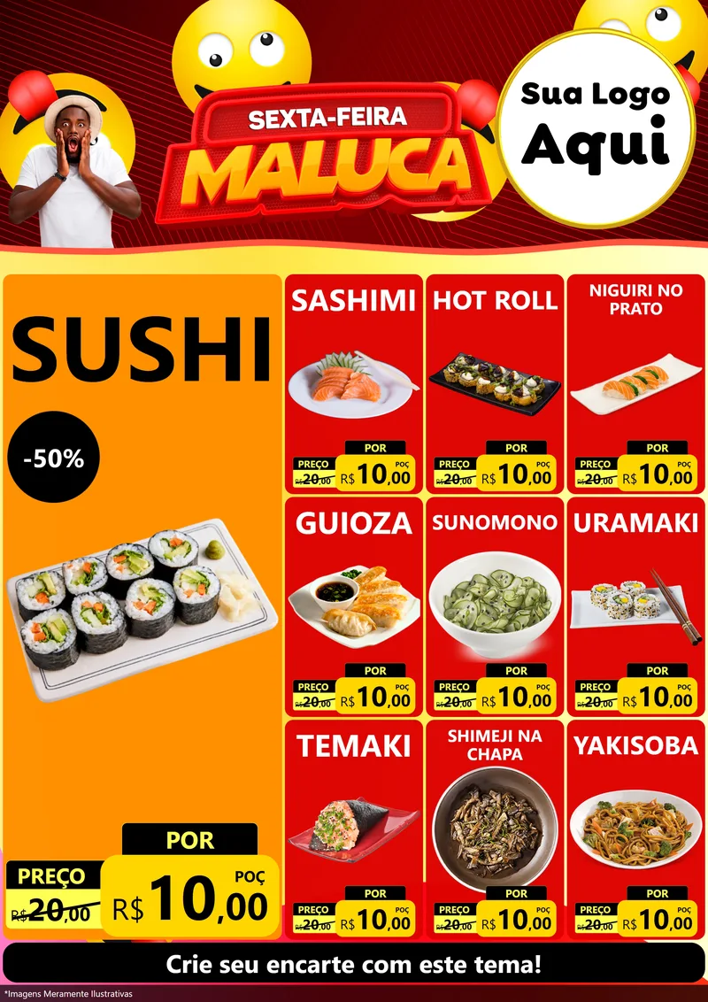 Modelo de Encarte para Encarte A4 Vertical com o tema Sexta-feira Maluca para Comida japonesa
