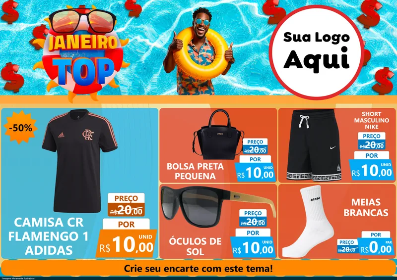Modelo de Encarte para Encarte A4 Horizontal com o tema Janeiro Top para Roupas e acessórios