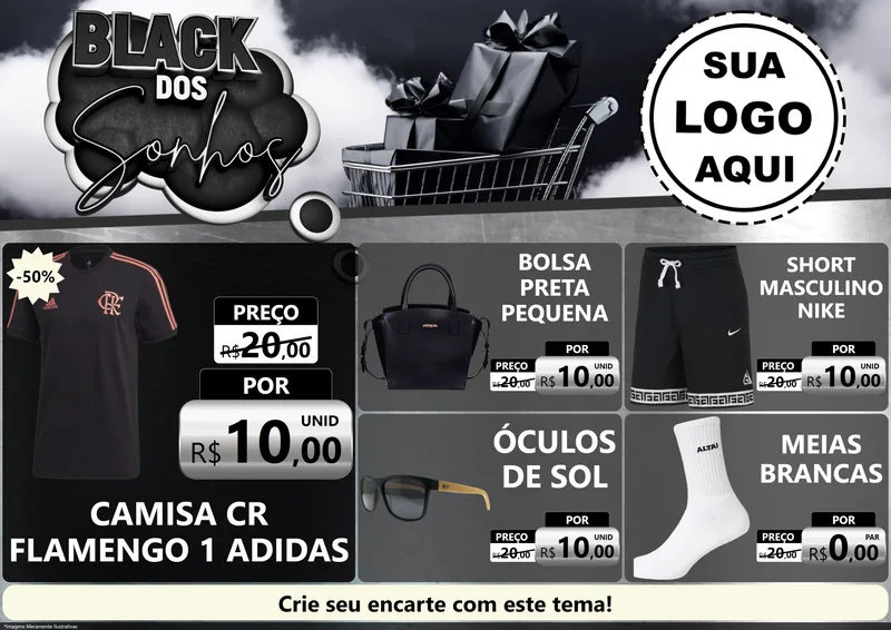 Modelo de Encarte para Encarte A4 Horizontal com o tema Black dos Sonhos para Roupas e acessórios