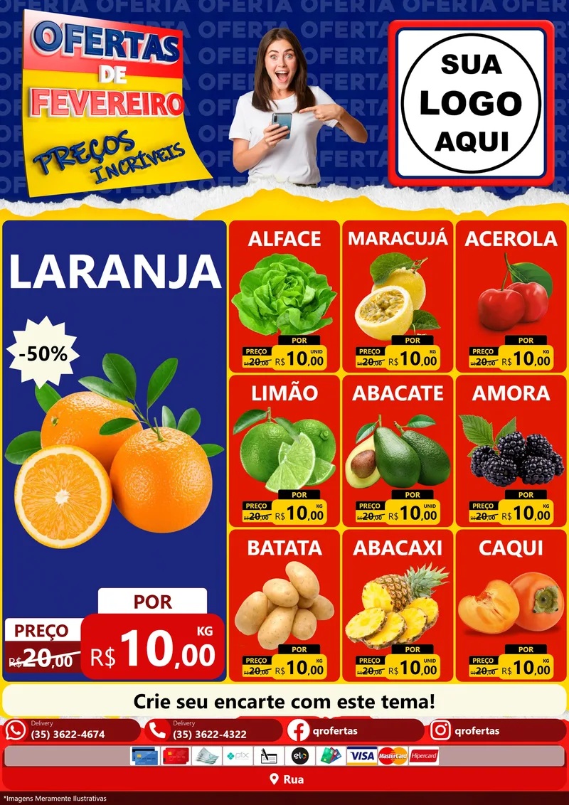 Modelo de Encarte para Encarte A4 Vertical com o tema Ofertas de Fevereiro - Preços Incríveis para Hortifrúti