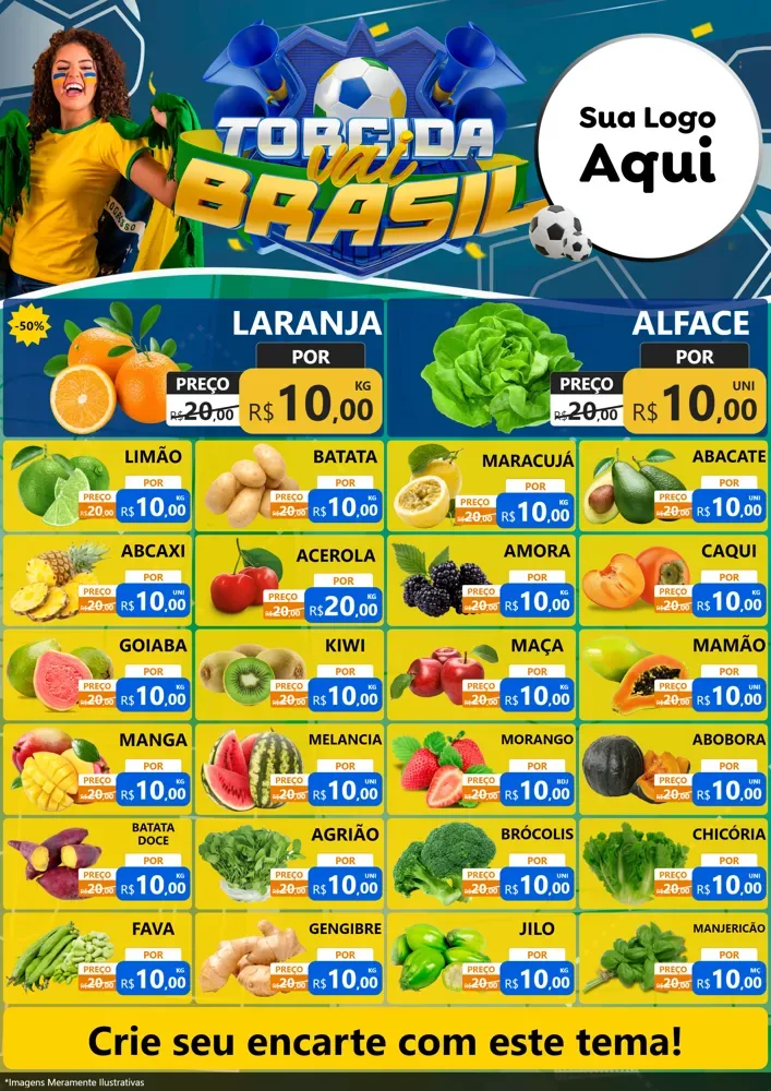Modelo de Encarte para Encarte A4 Vertical com o tema Torcida Vai Brasil - Copa para Hortifrúti