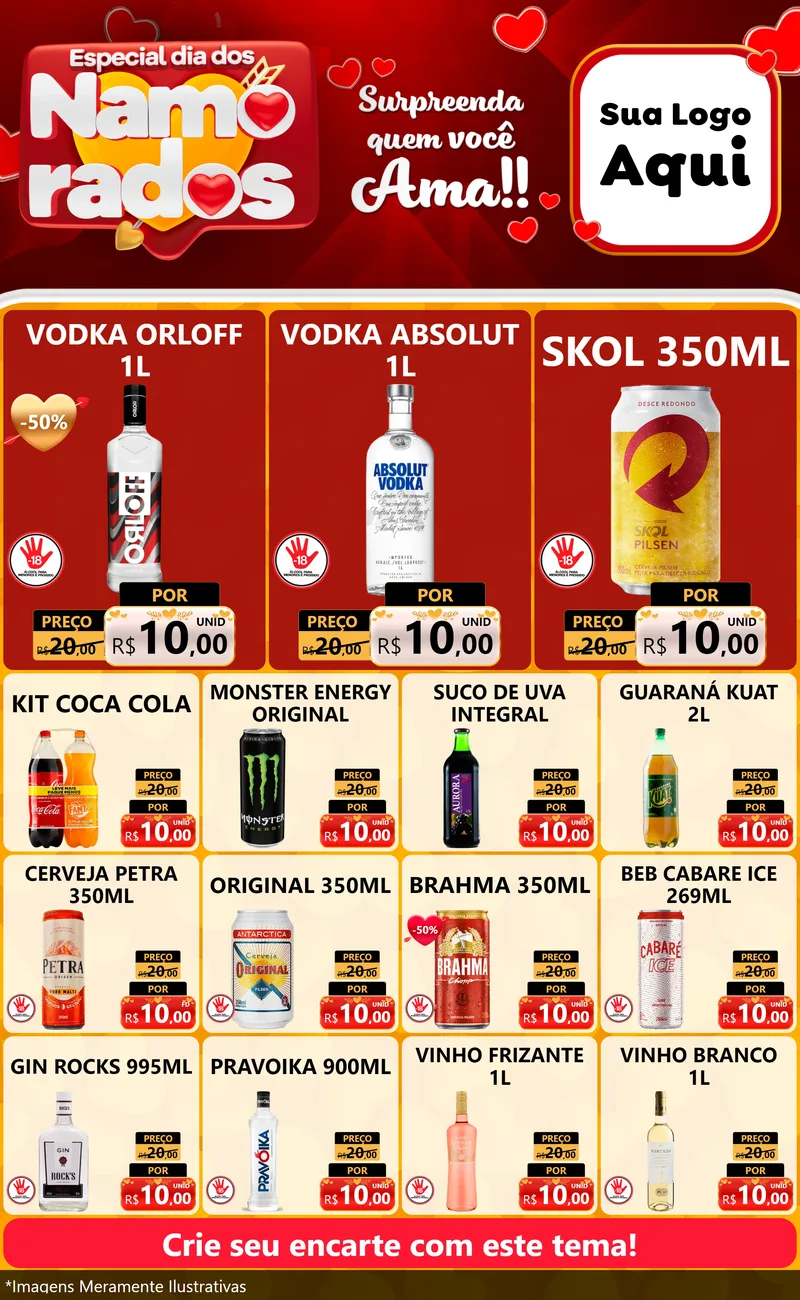 Modelo de Encarte para Encarte Grande com o tema Especial Dia dos Namorados para Distribuidora de bebidas