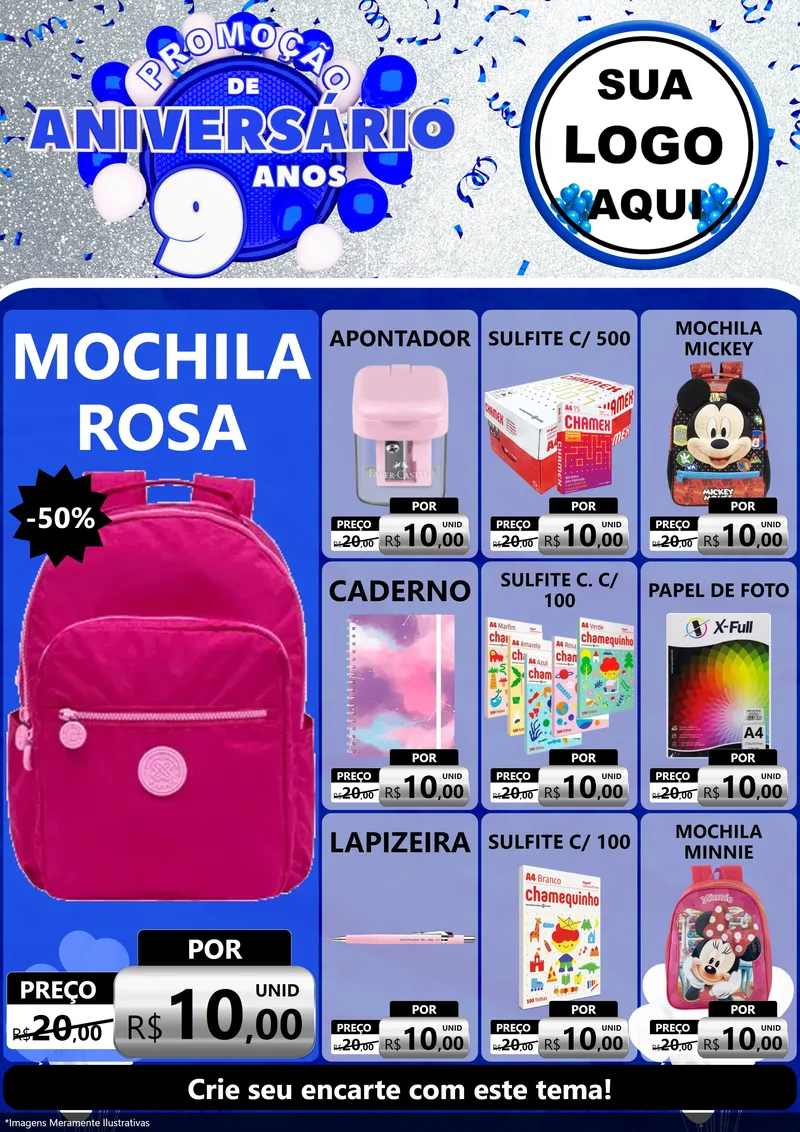 Modelo de Encarte para Encarte A4 Vertical com o tema Promoção de Aniversário - 9 Anos para Papelaria