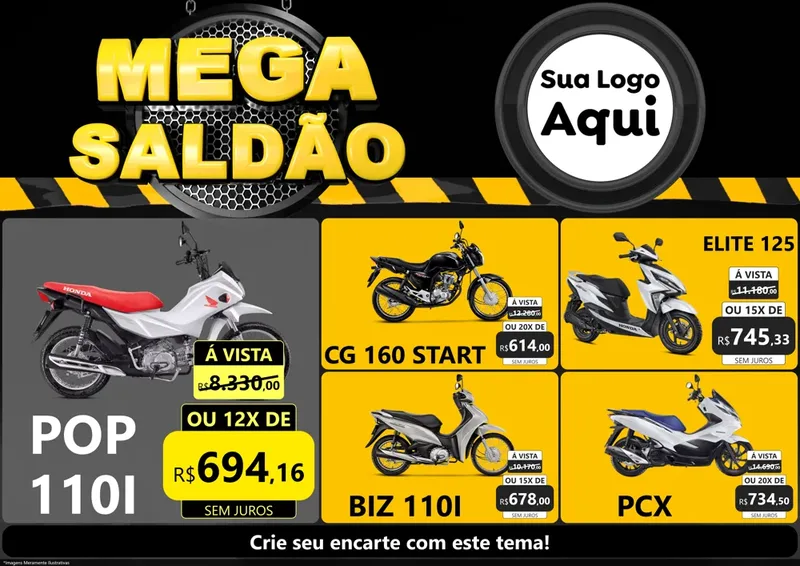 Modelo de Encarte para Encarte A4 Horizontal com o tema Mega Saldão para Concessionaria de Motos