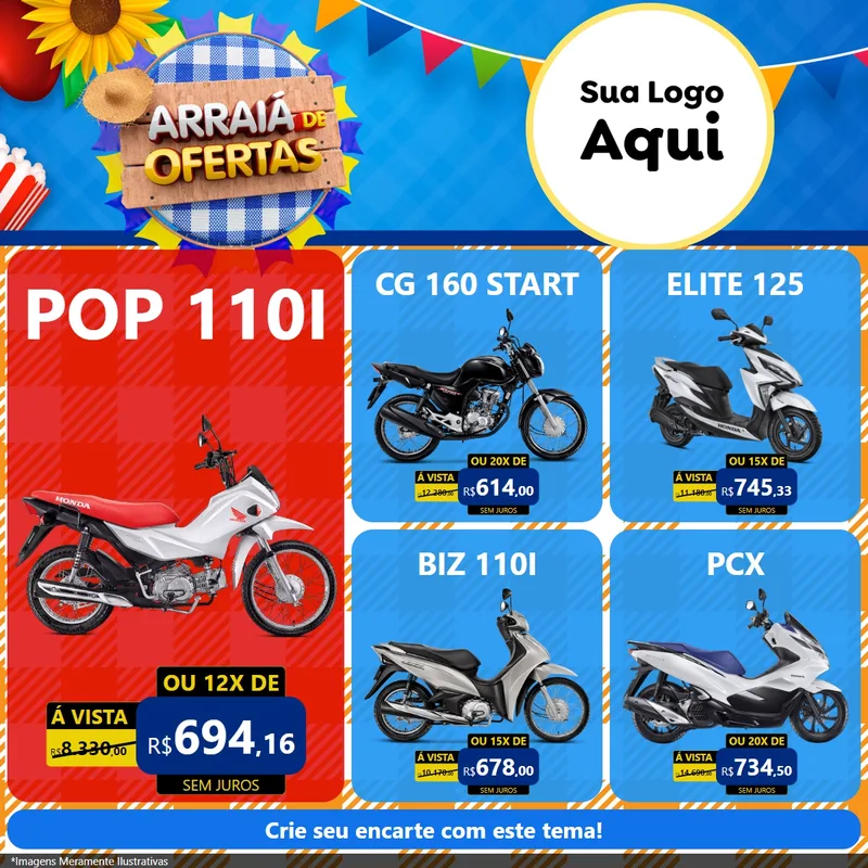 Modelo de Rede Social para Feed Facebook com o tema Arraiá de Ofertas para Concessionaria de Motos