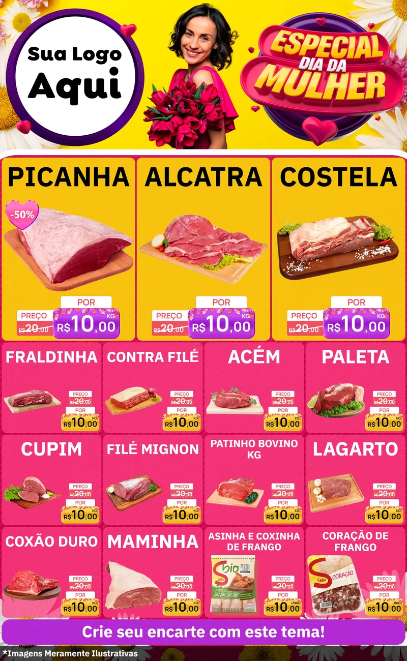 Modelo de Encarte para Encarte Grande com o tema Especial Dia da Mulher para Açougue