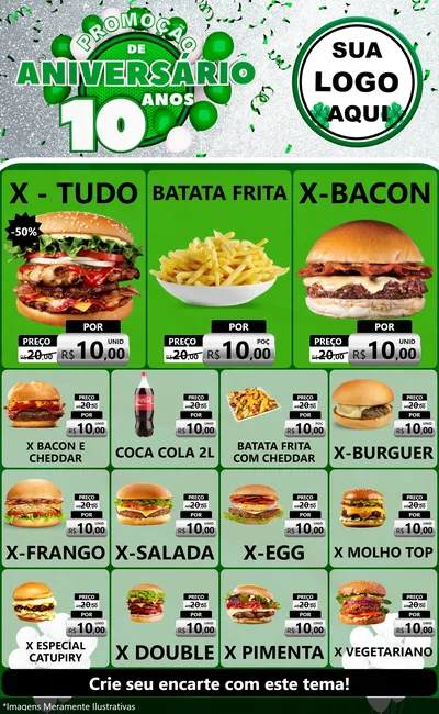 Modelo de Encarte para Encarte Grande com o tema Promoção de Aniversário - 10 Anos para Hamburgueria
