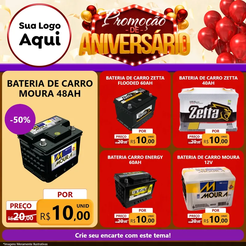 Modelo de Rede Social para Feed Facebook com o tema Promoção de Aniversário para Baterias Elétricas