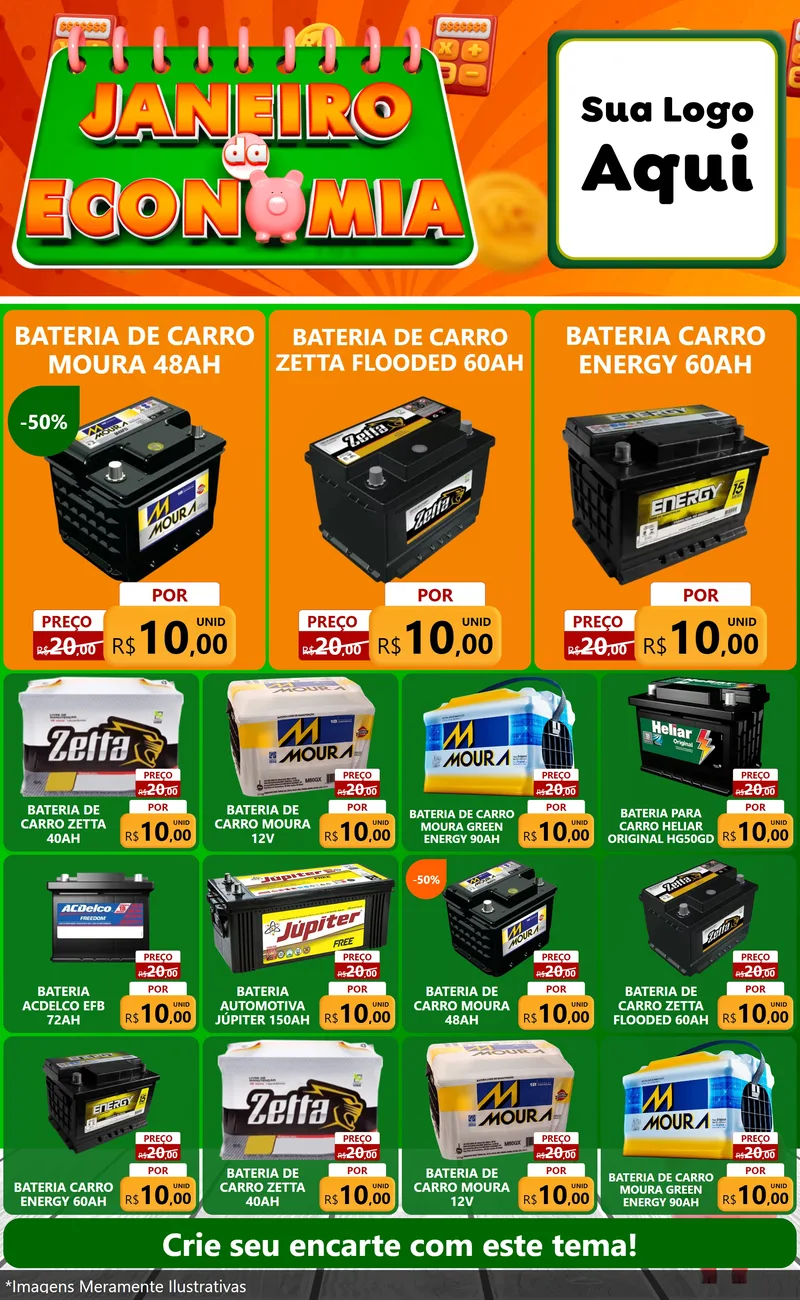 Modelo de Encarte para Encarte Grande com o tema Janeiro da Economia para Baterias Elétricas