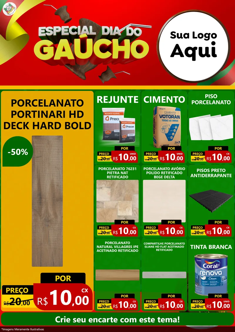 Modelo de Encarte para Encarte A4 Vertical com o tema Especial Dia do Gaúcho para Pisos e revestimentos