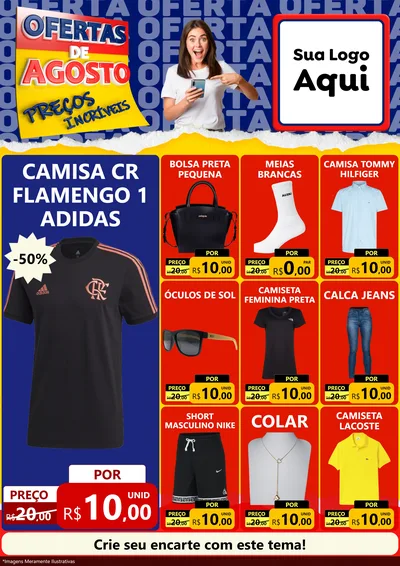 Modelo de Encarte para Encarte A4 Vertical com o tema Ofertas de Agosto - Preços Incríveis para Roupas e acessórios