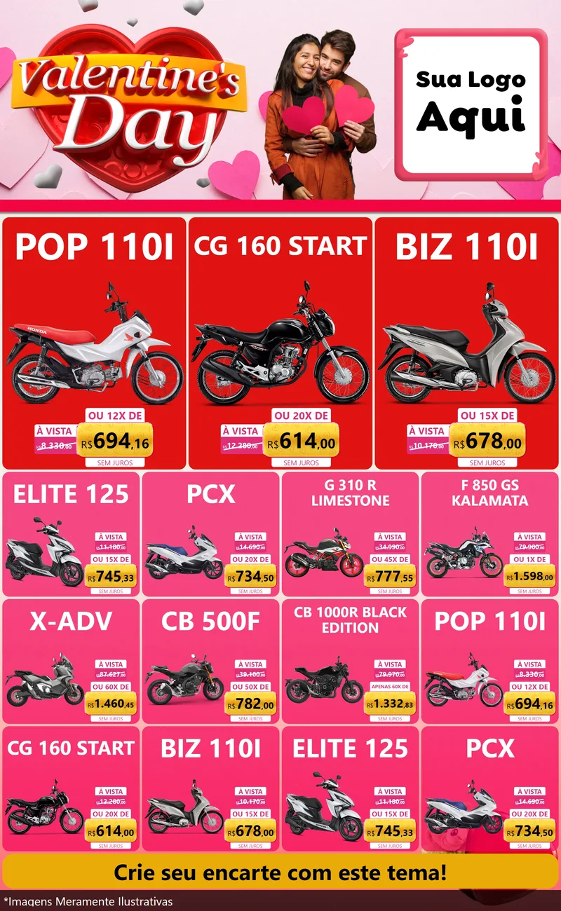 Modelo de Encarte para Encarte Grande com o tema Valentine's Day para Concessionaria de Motos
