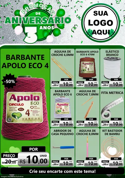 Modelo de Encarte para Encarte A4 Vertical com o tema Promoção de Aniversário - 3 Anos para Armarinho e Aviamentos