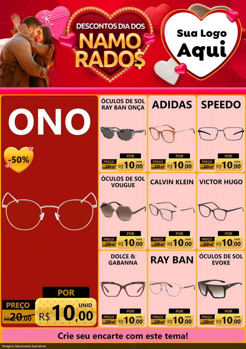 Modelo de Encarte para Encarte A4 Vertical com o tema Descontos Dia dos Namorados para Óticas
