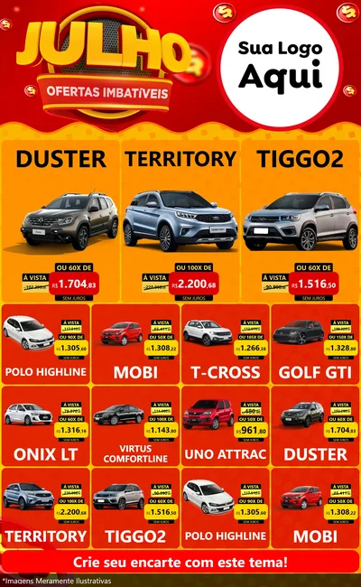 Modelo de Encarte para Encarte Grande com o tema Julho Ofertas Imbatíveis para Concessionaria de Carros