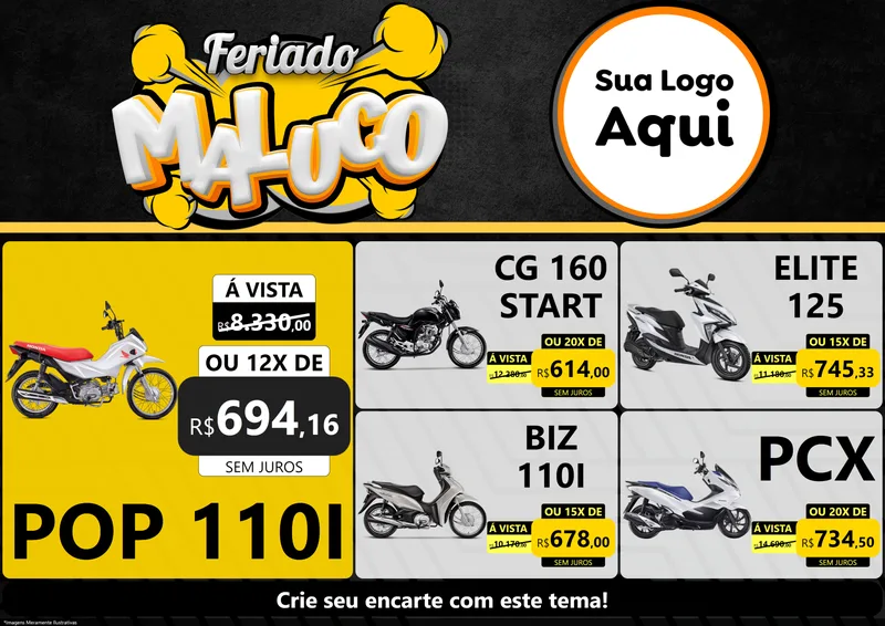 Modelo de Encarte para Encarte A4 Horizontal com o tema Feriado Maluco para Concessionaria de Motos