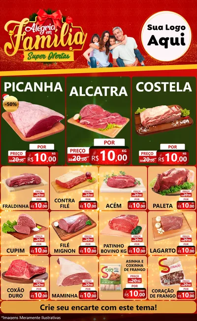Modelo de Encarte para Encarte Grande com o tema Alegria em Família Super Ofertas - Natal para Açougue