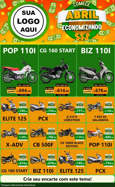 Modelo de Encarte para Encarte Grande com o tema Comece Abril Economizando para Concessionaria de Motos