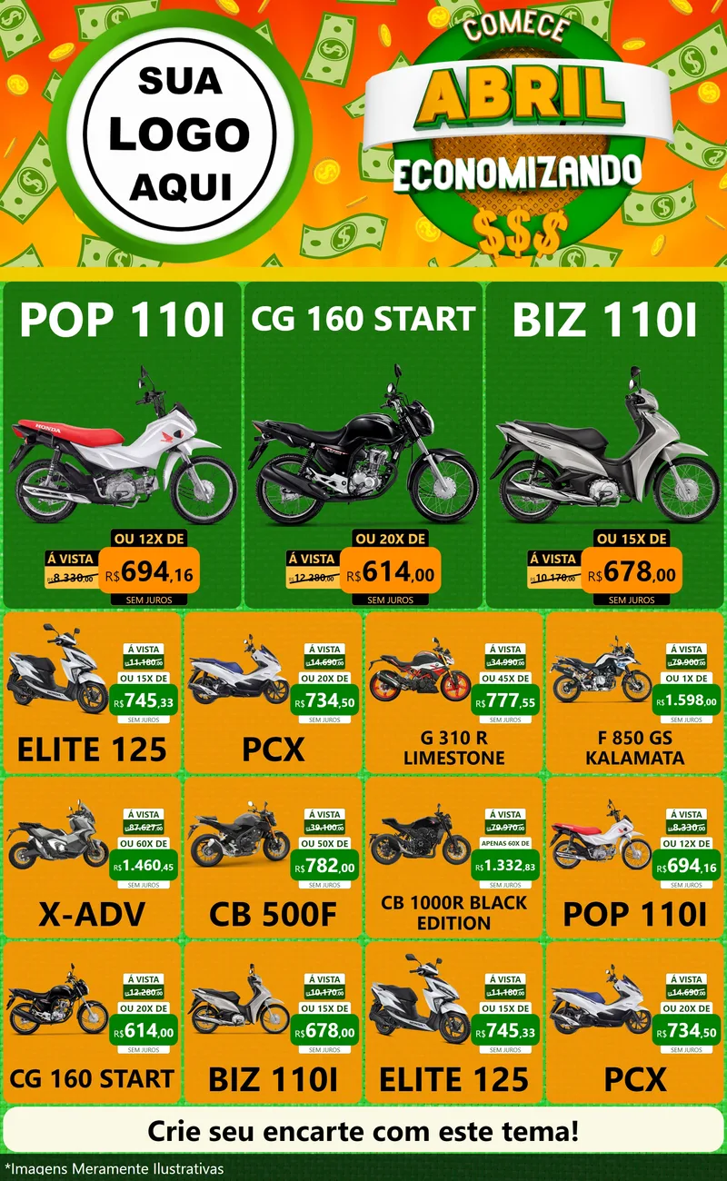 Modelo de Encarte para Encarte Grande com o tema Comece Abril Economizando para Concessionaria de Motos