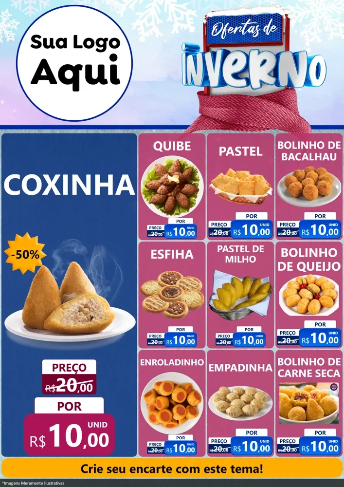 Modelo de Encarte para Encarte A4 Vertical com o tema Ofertas de Inverno para Salgadaria