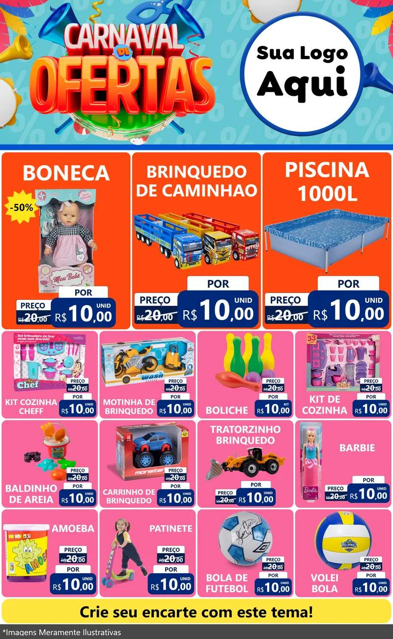 Modelo de Encarte para Encarte Grande com o tema Carnaval de Ofertas para Brinquedos
