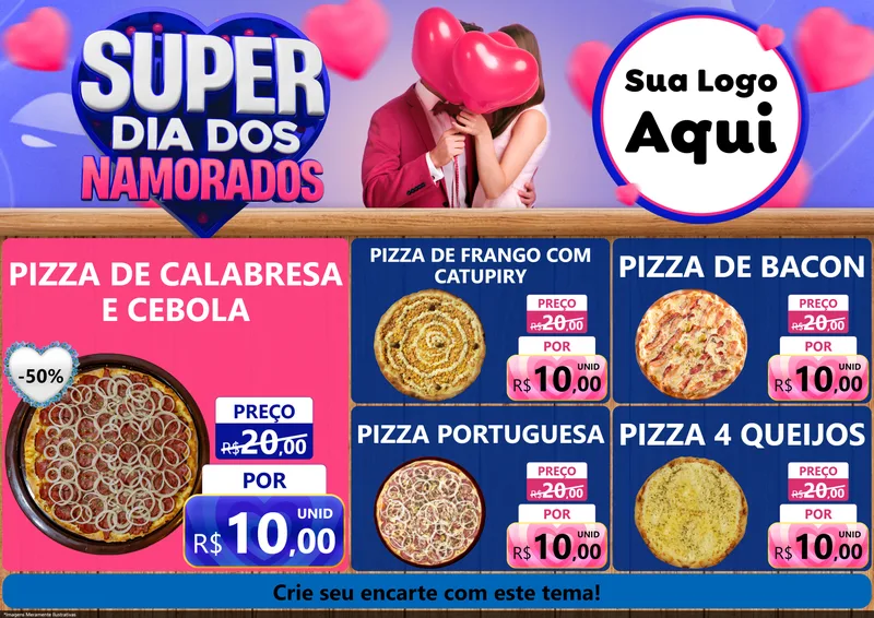 Modelo de Encarte para Encarte A4 Horizontal com o tema Super Dia dos Namorados para Pizzaria