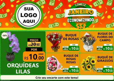 Modelo de Encarte para Encarte A4 Horizontal com o tema Comece Janeiro Economizando para Floricultura e jardim