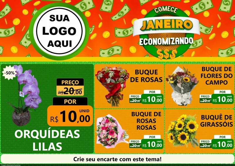 Modelo de Encarte para Encarte A4 Horizontal com o tema Comece Janeiro Economizando para Floricultura e jardim