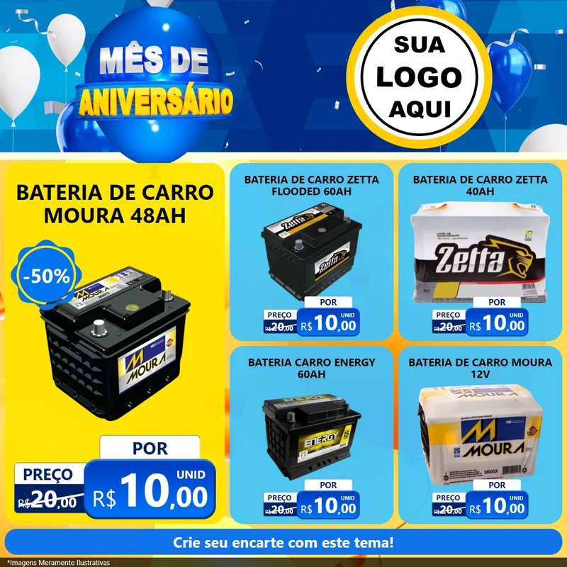 Modelo de Rede Social para Feed Facebook com o tema Mês de Aniversário para Baterias Elétricas
