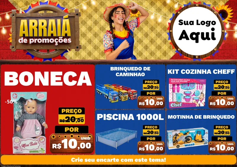 Modelo de Encarte para Encarte A4 Horizontal com o tema Arraiá de Promoções para Brinquedos