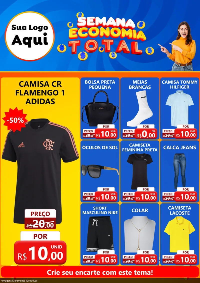 Modelo de Encarte para Encarte A4 Vertical com o tema Semana Economia Total para Roupas e acessórios