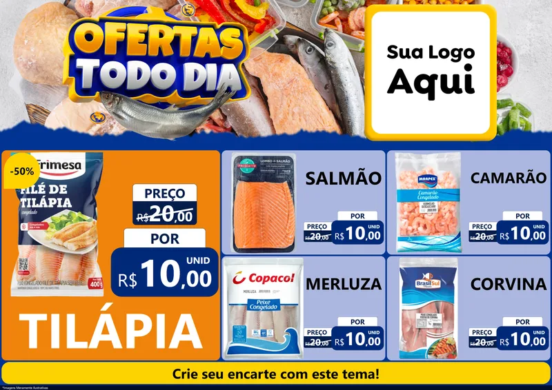 Modelo de Encarte para Encarte A4 Horizontal com o tema Ofertas Todo Dia para Peixaria