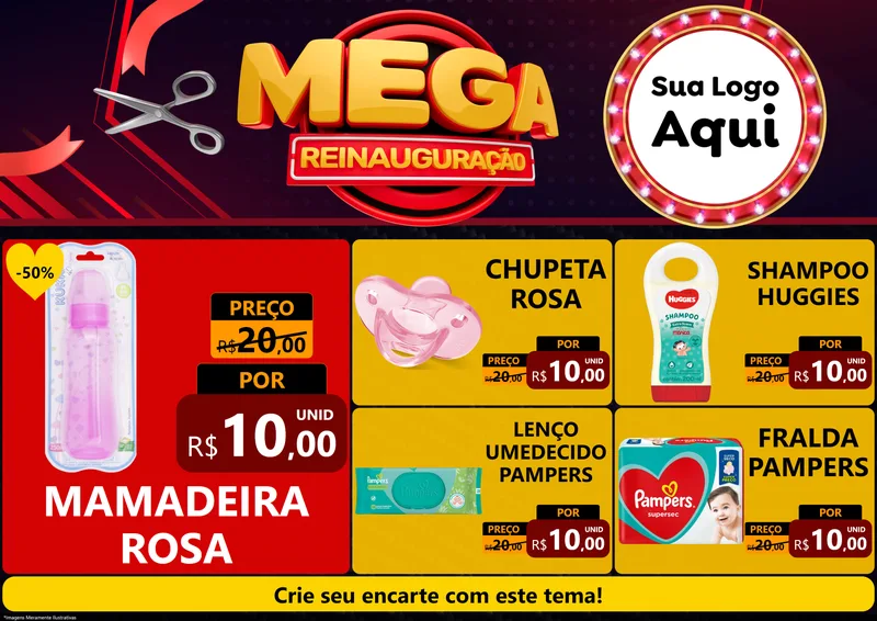 Modelo de Encarte para Encarte A4 Horizontal com o tema Mega Reinauguração para Bebês
