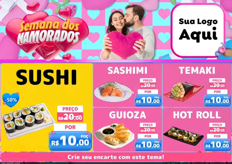 Modelo de Encarte para Encarte A4 Horizontal com o tema Semana dos Namorados para Comida japonesa
