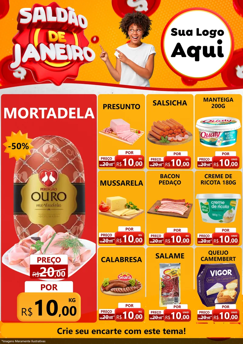 Modelo de Encarte para Encarte A4 Vertical com o tema Saldão de Janeiro para Frios e Laticínios