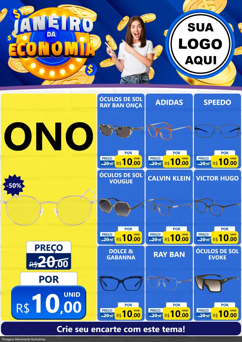 Modelo de Encarte para Encarte A4 Vertical com o tema Janeiro da Economia para Óticas