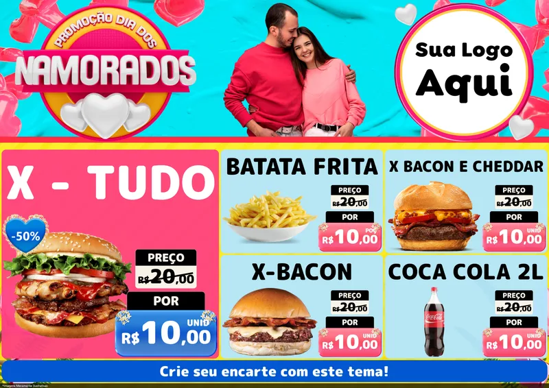 Modelo de Encarte para Encarte A4 Horizontal com o tema Promoção Dia dos Namorados para Hamburgueria