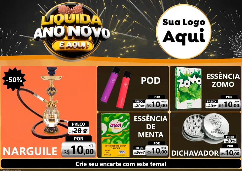 Modelo de Encarte para Encarte A4 Horizontal com o tema Liquida Ano Novo É Aqui! para Tabacaria