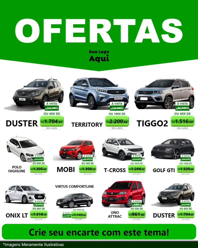 Modelo de Rede Social para Feed Instagram com o tema Ofertas Verde Cartaz para Concessionaria de Carros