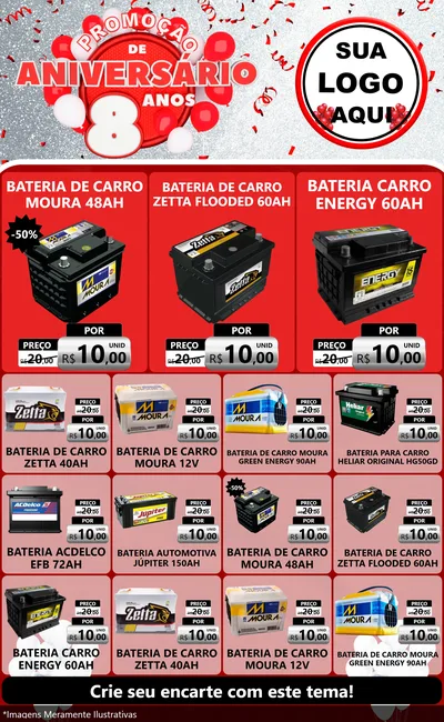 Modelo de Encarte para Encarte Grande com o tema Promoção de Aniversário - 8 Anos para Baterias Elétricas