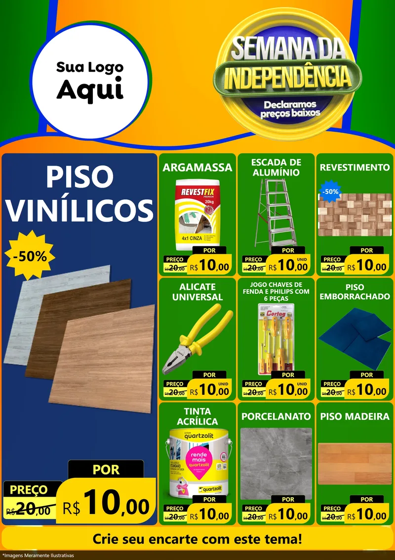 Modelo de Encarte para Encarte A4 Vertical com o tema Semana da Independência Declaramos Preços Baixos para Material para Construção