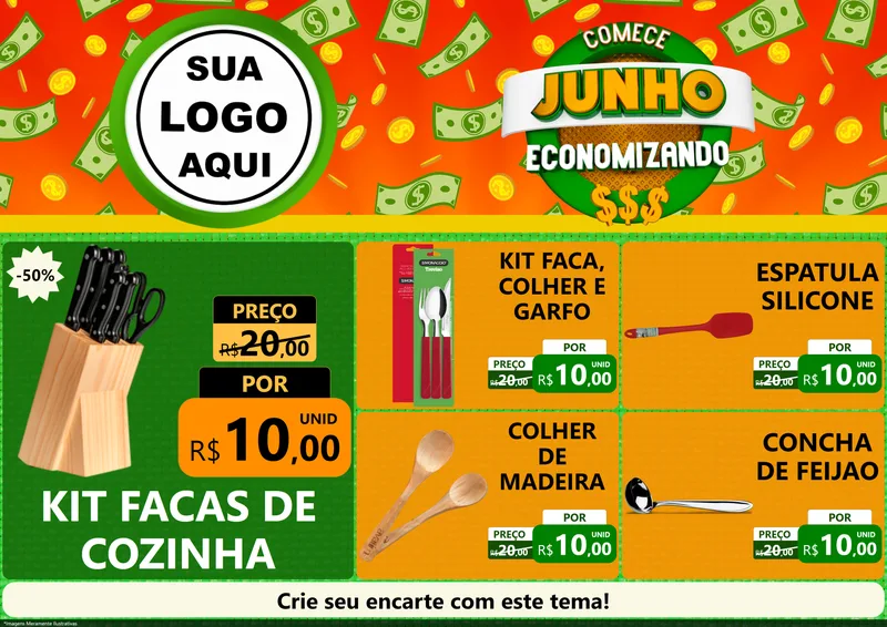 Modelo de Encarte para Encarte A4 Horizontal com o tema Comece Junho Economizando para Utilidades Domésticas