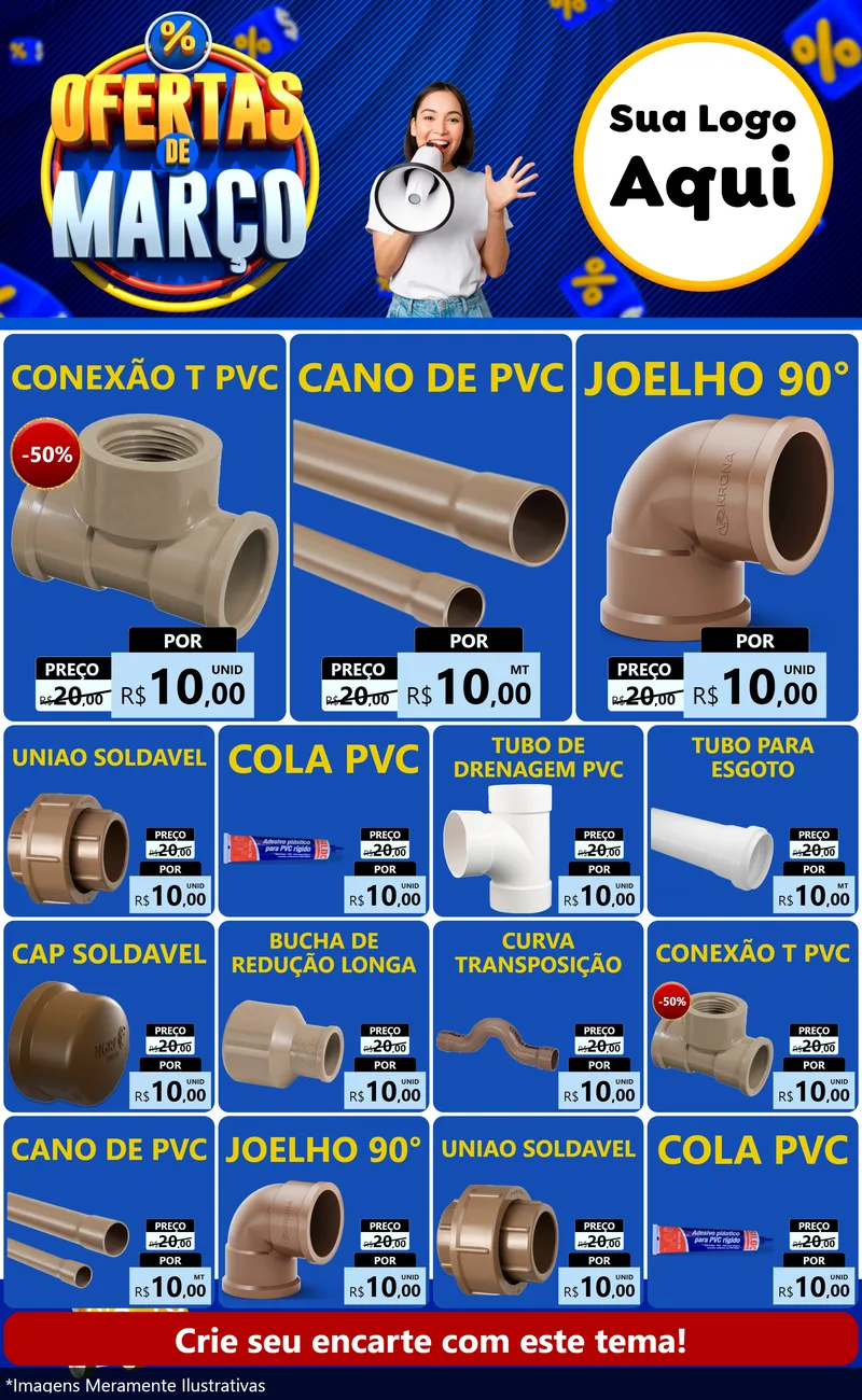 Modelo de Encarte para Encarte Grande com o tema Ofertas de Março para Tubos e conexões