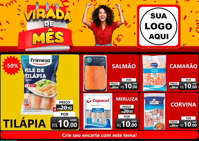 Modelo de Encarte para Encarte A4 Horizontal com o tema Virada de Mês para Peixaria